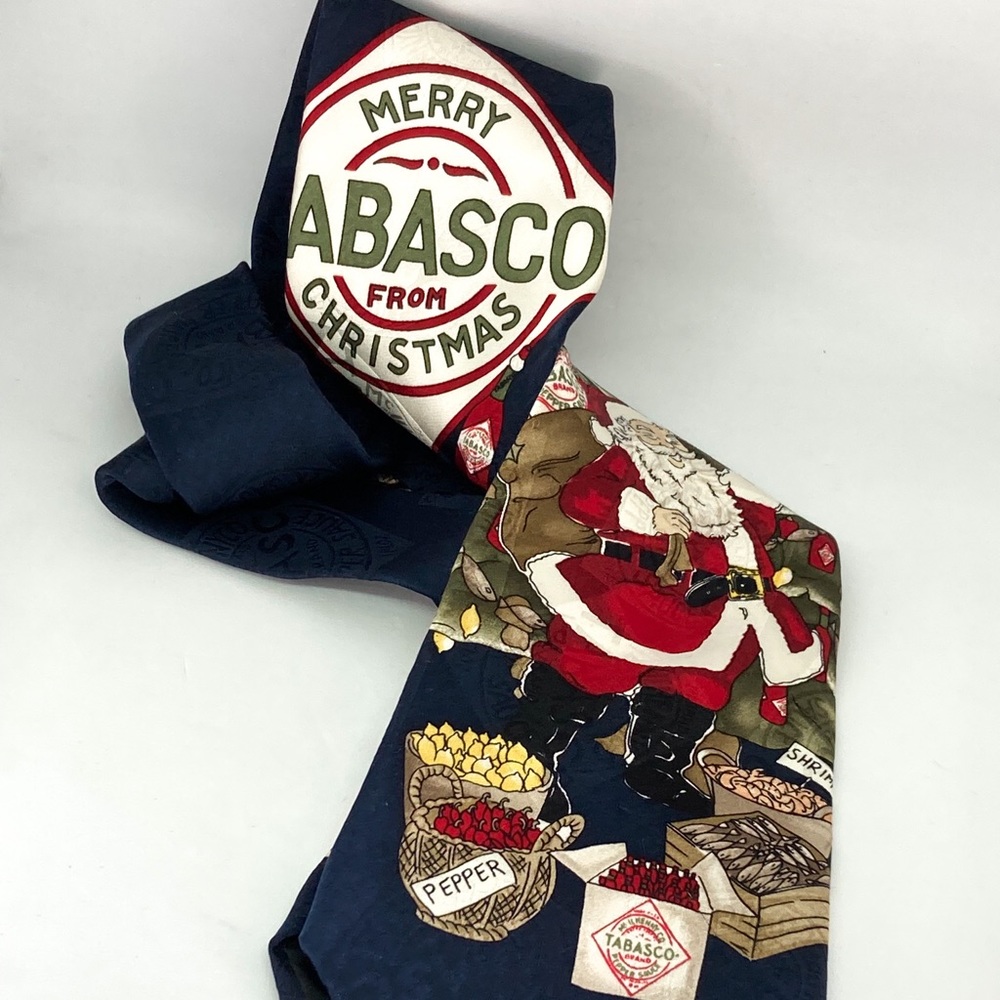 CLEARANCE Vtg Silk Neck Tie Tabasco Hot Sauce Santa Claus Christmas Tree Holiday